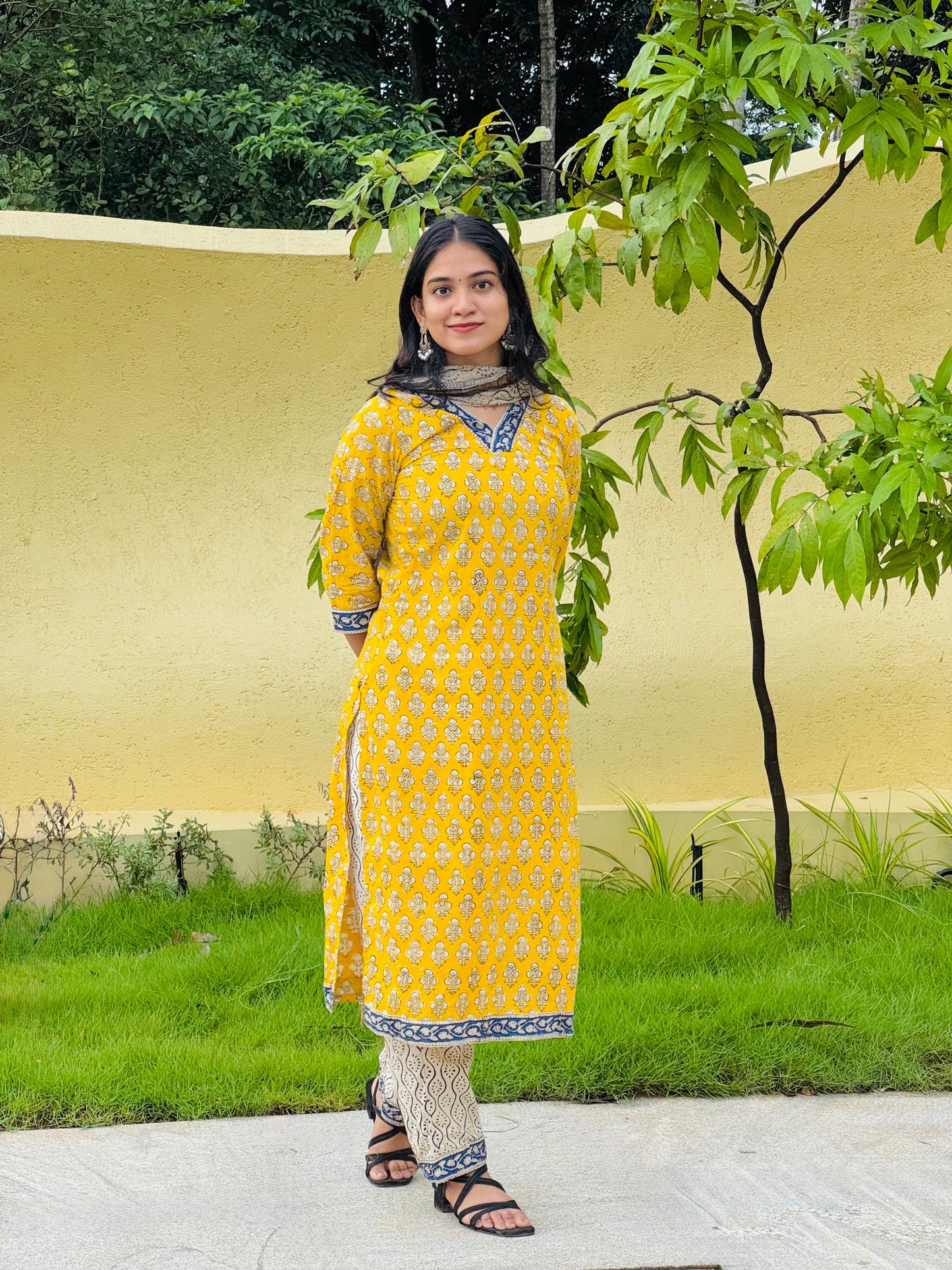 Tanira - Sanganeri Handblock Printed Kurta Set with Kota Dupata