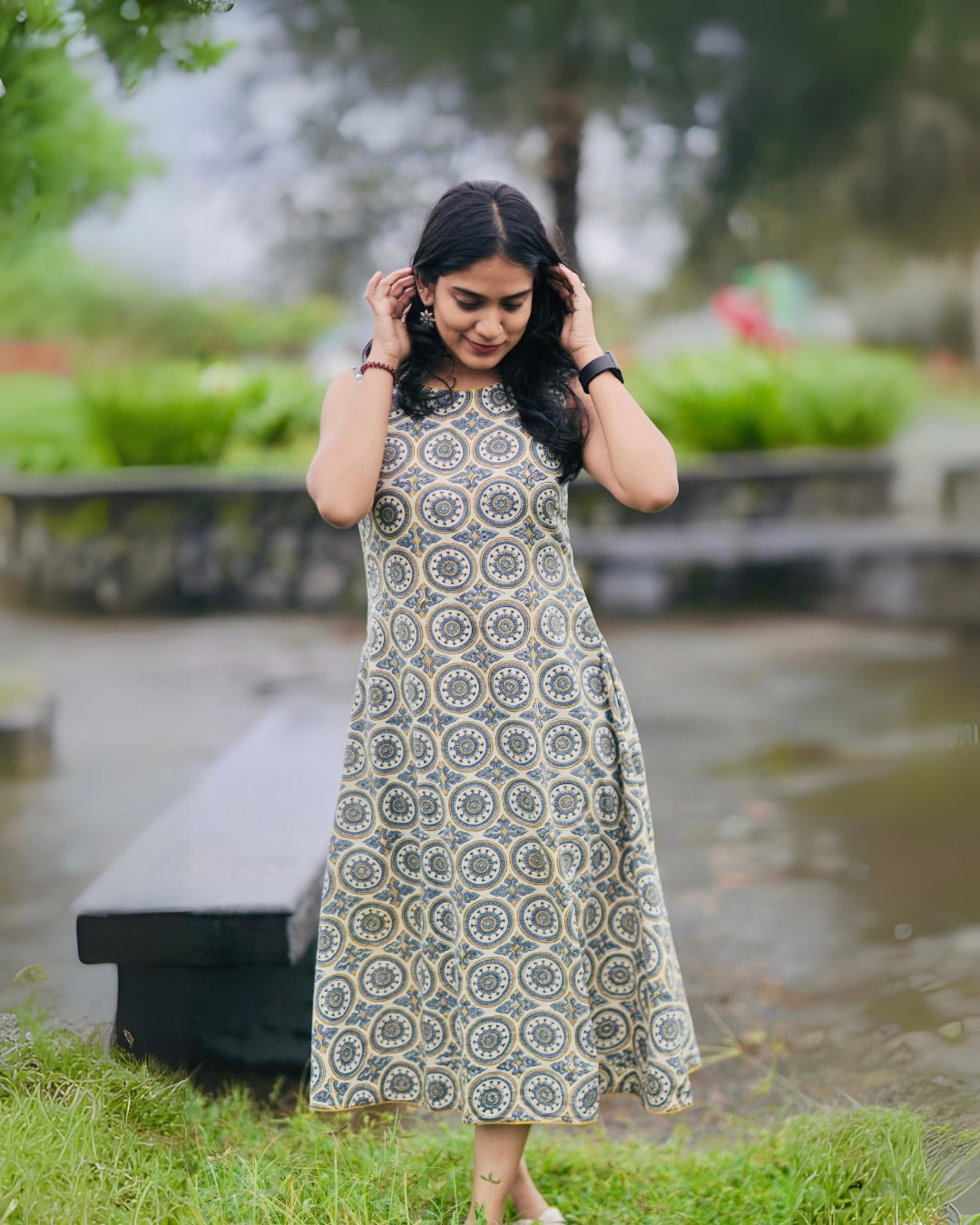 Yasmin - Ajrakh Handblock Printed A-line Dress