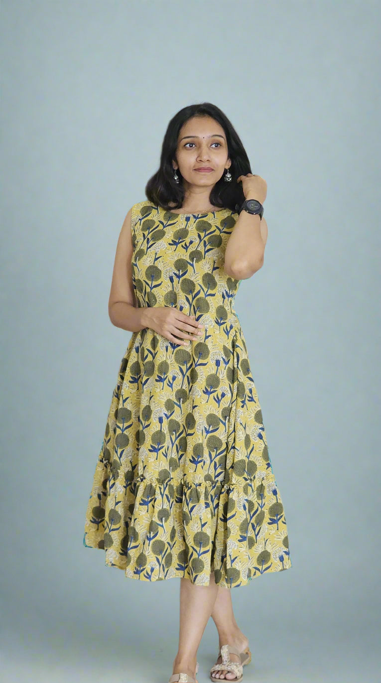 Daffodil - Kantha Stitched Sanganeri Handblock Printed Dress