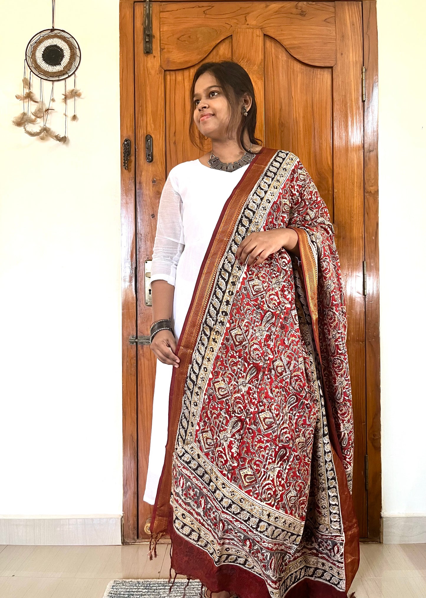 Shravya - Kalamkari Handblock Printed Silk Dupatta