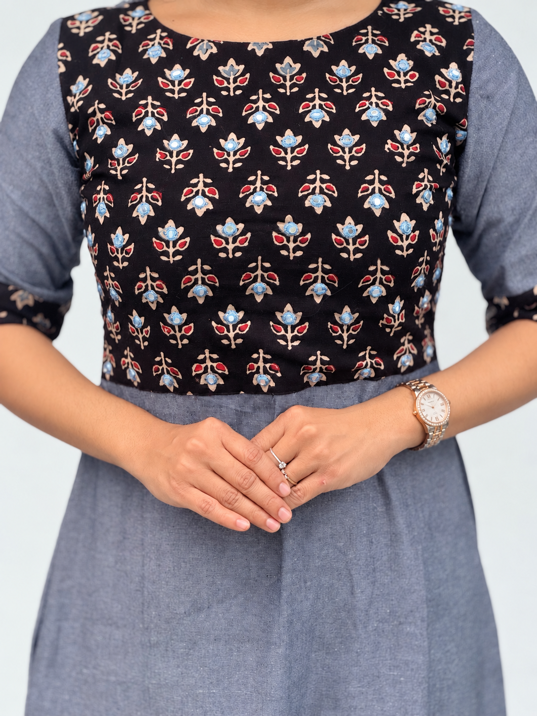 Megha - Mirror Embroidered Ajrakh Fusion A line Kurta