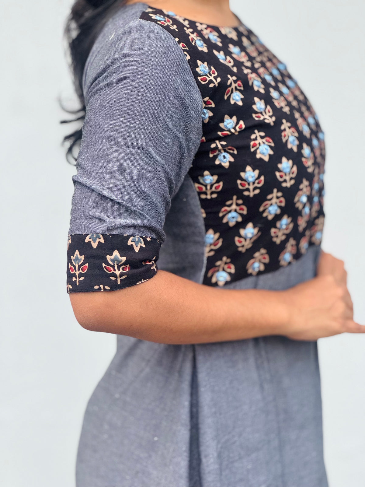 Megha - Mirror Embroidered Ajrakh Fusion A line Kurta