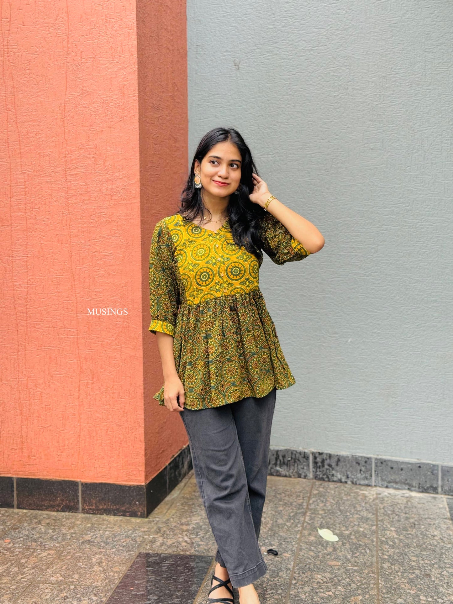 Thulsi - Ajrakh Handblock Printed Fusion Short Kurta