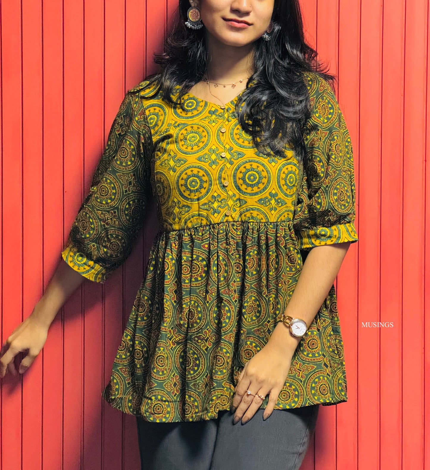 Thulsi - Ajrakh Handblock Printed Fusion Short Kurta