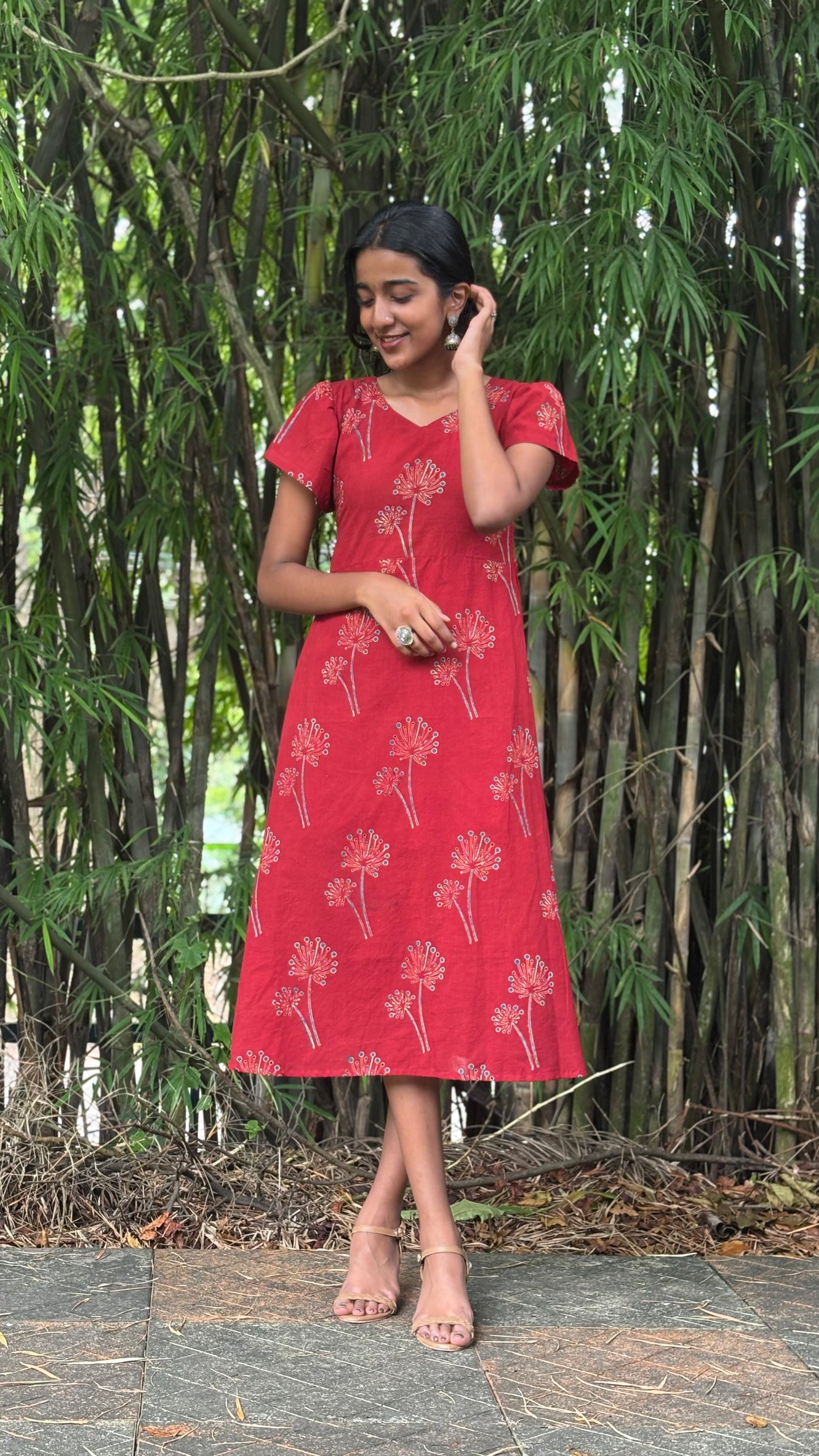 Red Bloom - Ajrakh Handblock Printed Dress