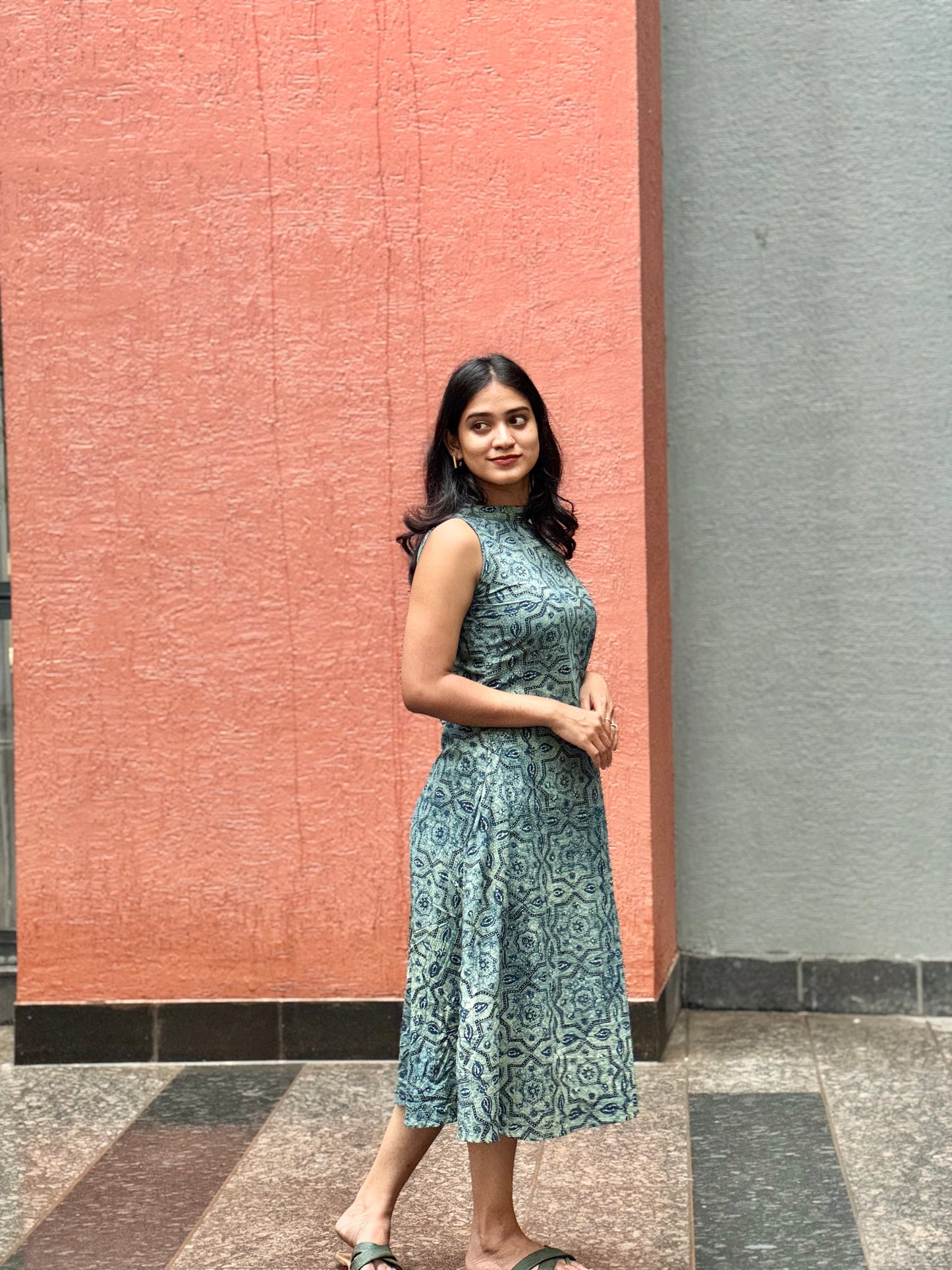 Ruchi - Teal Barmer Ajrakh Block Printed A-line Dress