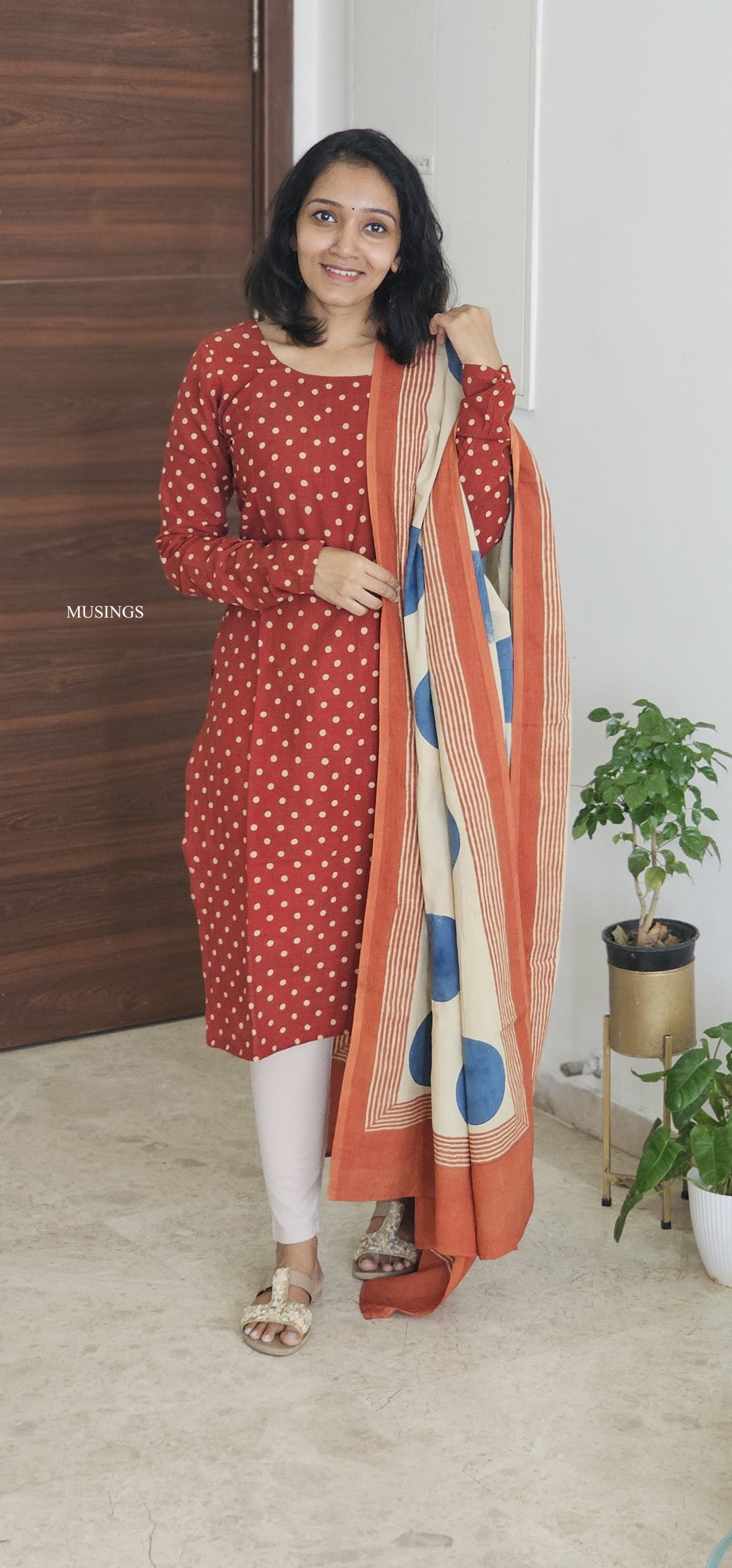 Indira - Polka Dots Ajrakh Handblock Printed Kurta with Ajrakh Dupatta set
