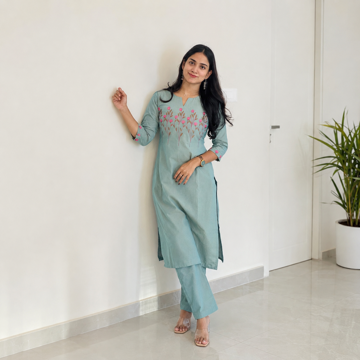 Kamali - Handloom Cotton Embroidered Straight Kurta and Pants Set