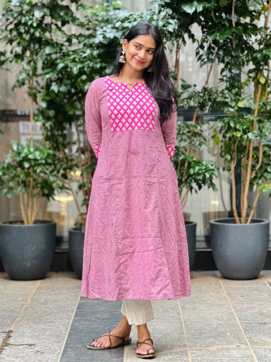 Shanvi - Dabu A-line Handblock Printed Fusion Kurta