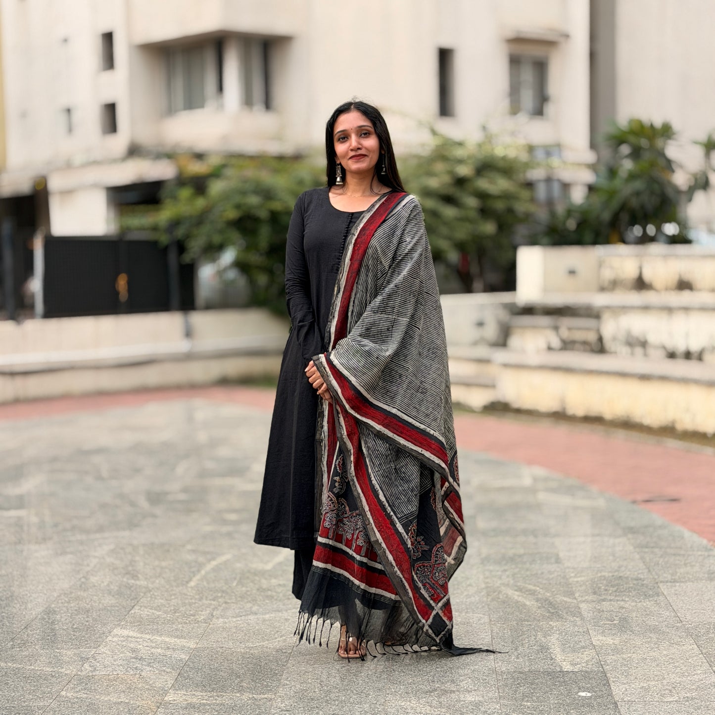Thira - Black A line Kurta and Ajrakh Handblock Printed Barmer Dupatta Set