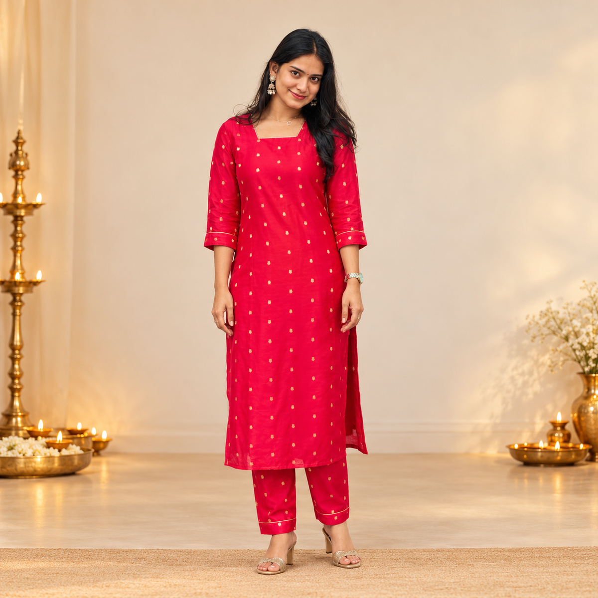 Raaga - Red Pure Banarasi Straight Pants