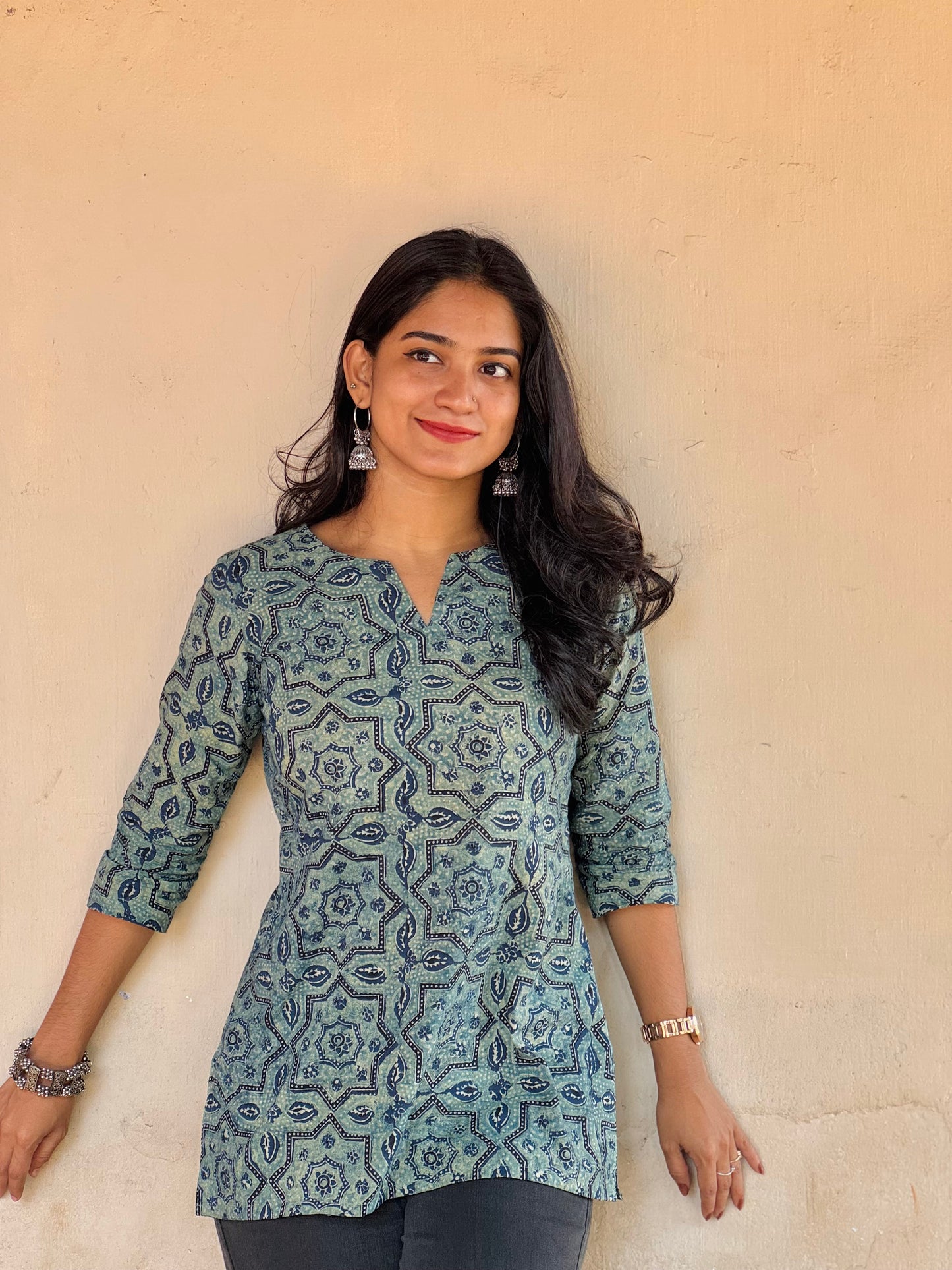 Soma - Teal Barmer Ajrakh Short Kurta