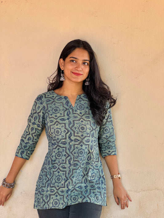 Soma - Teal Barmer Ajrakh Short Kurta