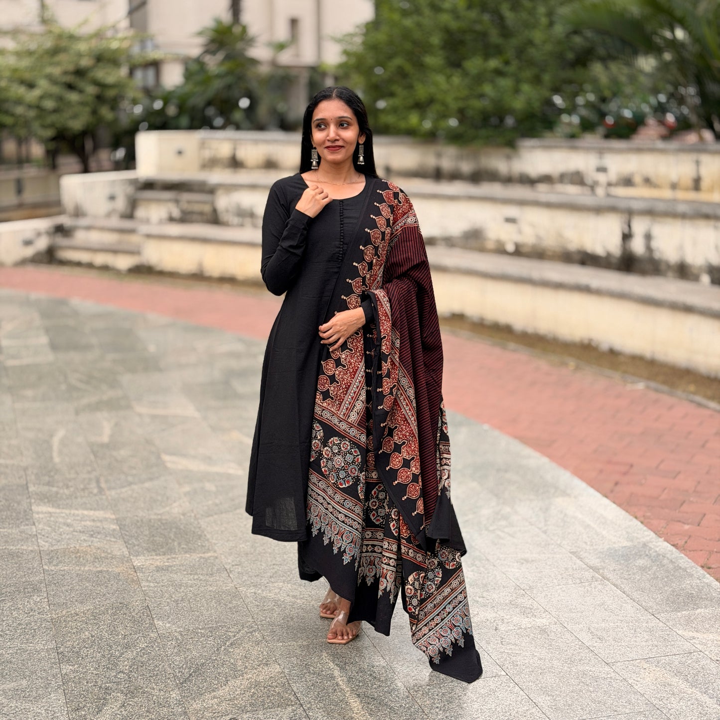 Kaarigai - Black A line Kurta and Ajrakh Handblock Printed Dupatta Set