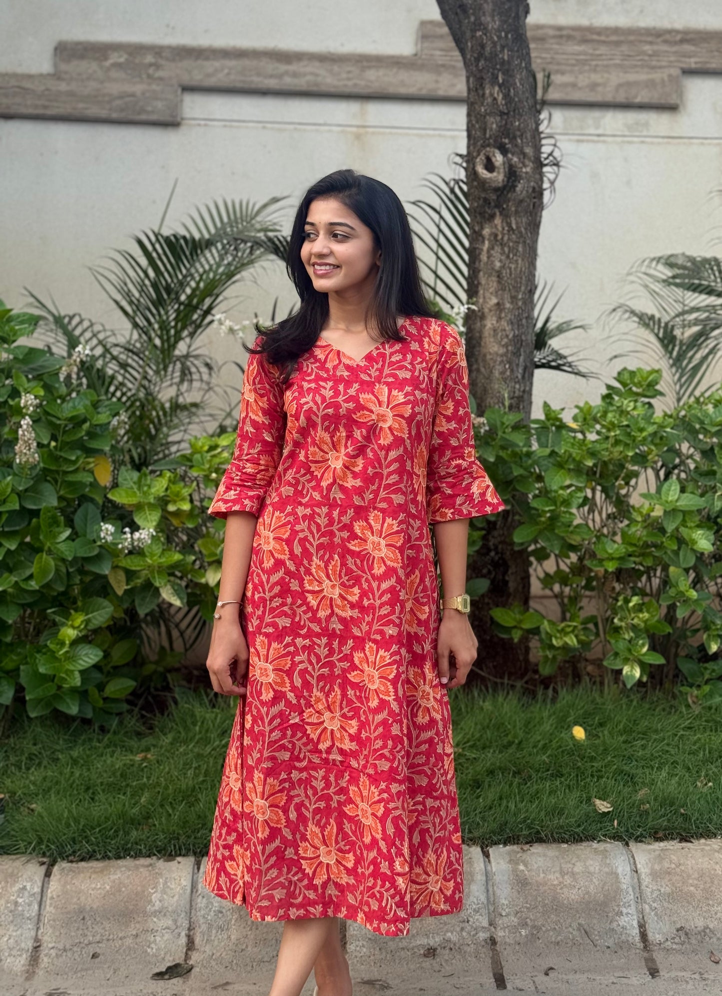 Tanmay - Sanganeri Handblock printed A-line Dress