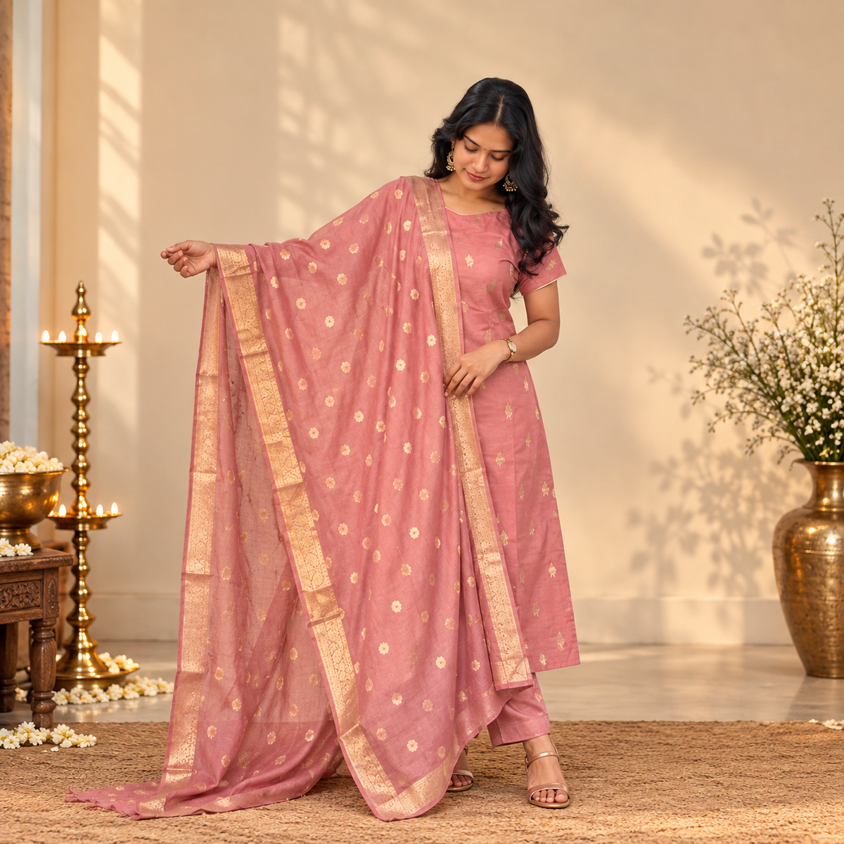 Raaga - Peach Pink Semi Banarasi Silk Suit