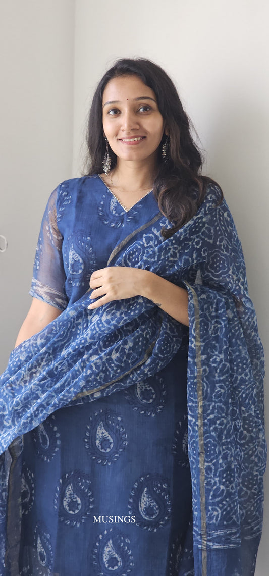 Tanisha - Indigo Natural Dyed Hand-block Printed Kota Suit set