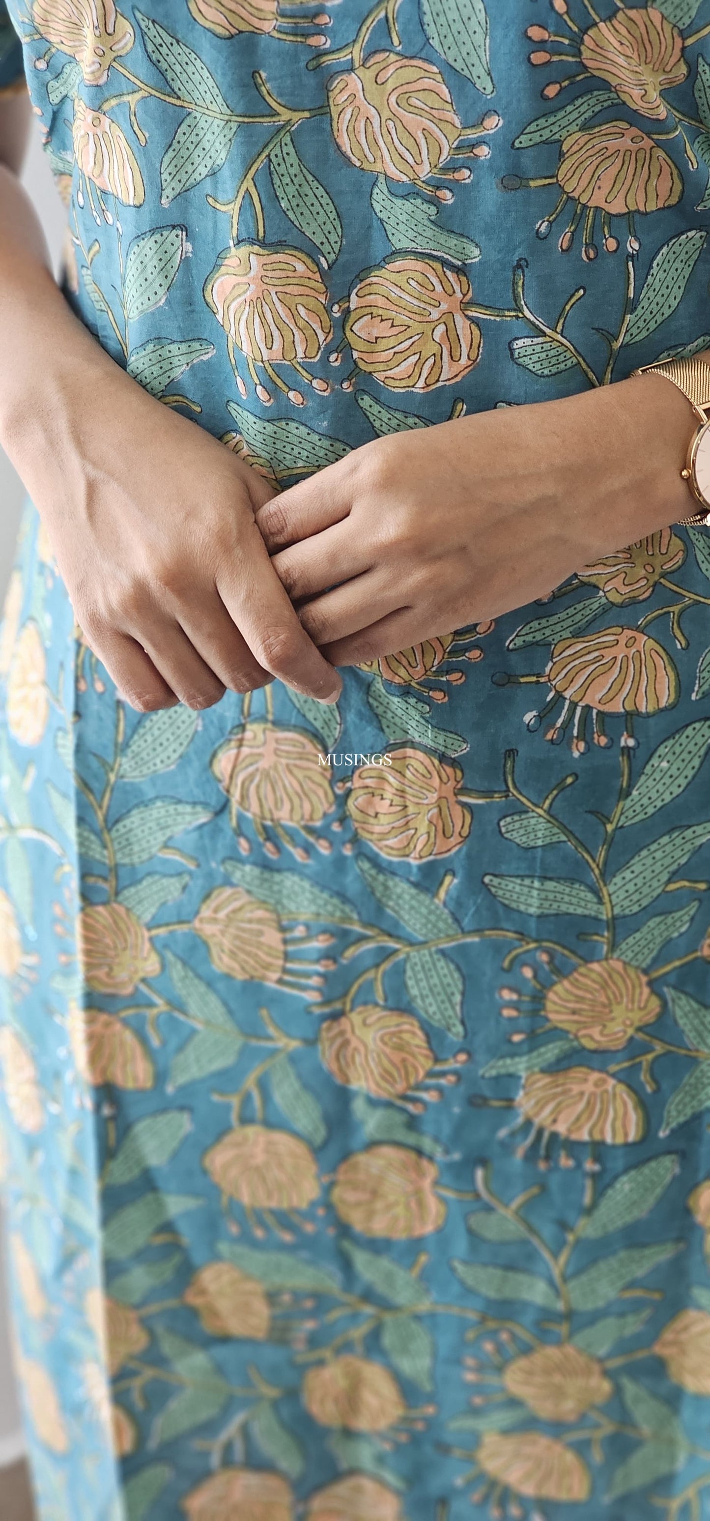 Aqua Blossom - Sanganeri Handblock Printed Mul cotton Kurta