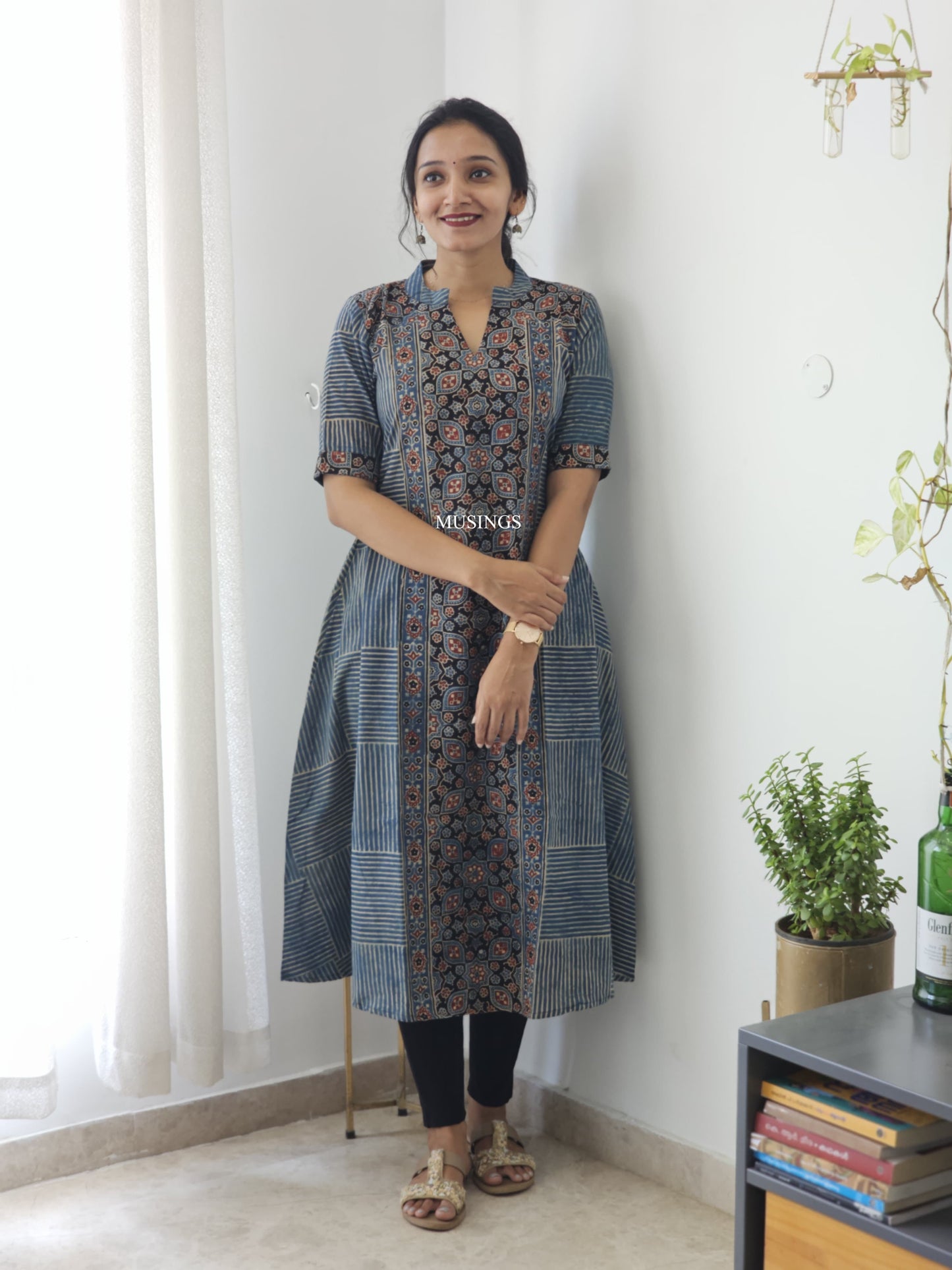 Taara - Indigo Ajrakh Natural Dyed Handblock Printed A line Kurta