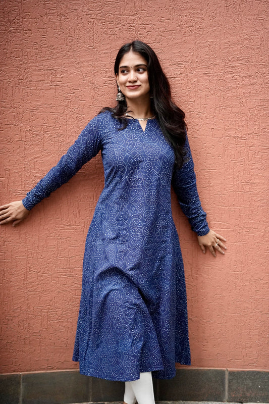 Samudhra - Indigo Natural Dyed  Handblock Printed A-Line Kurta.