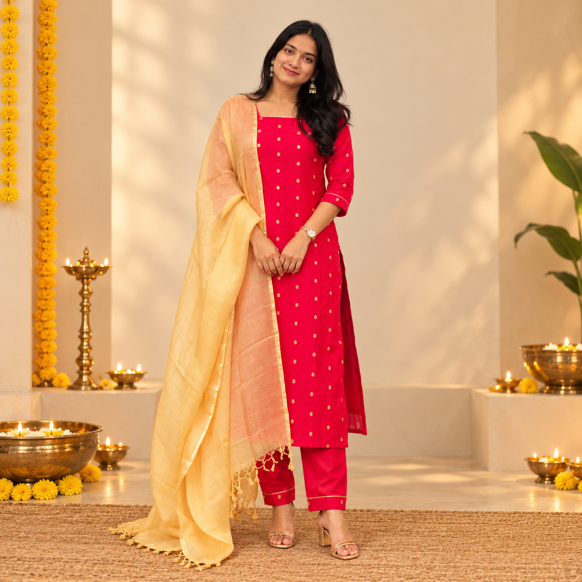 Raaga - Red Pure Banarasi Straight Pants