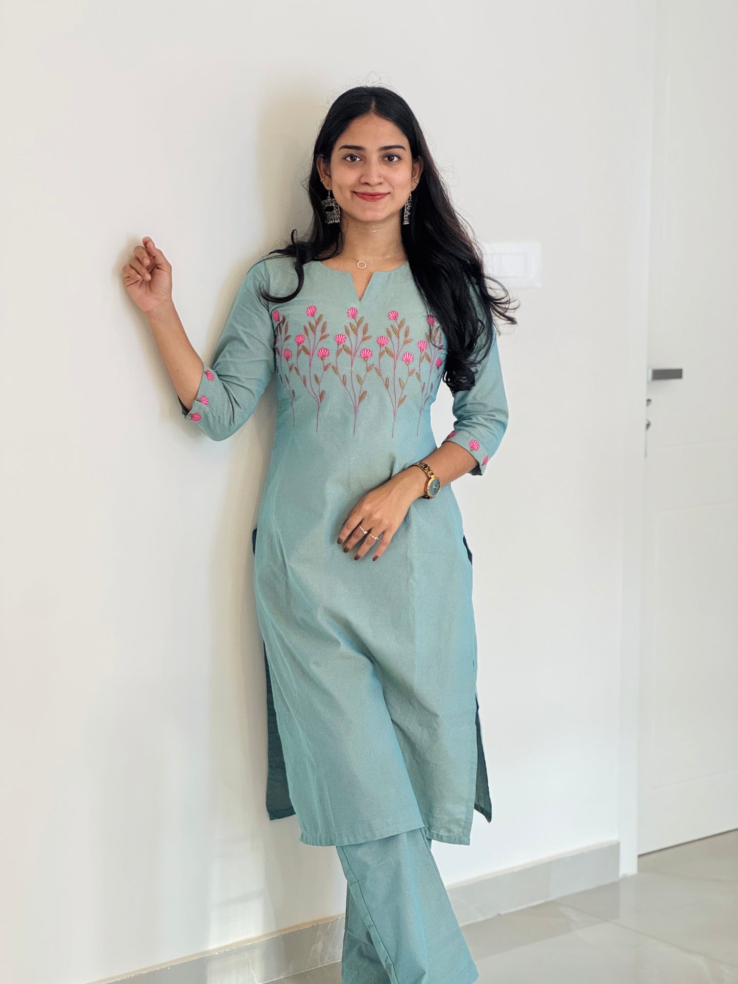 Kamali - Handloom Cotton Embroidered Straight Kurta and Pants Set