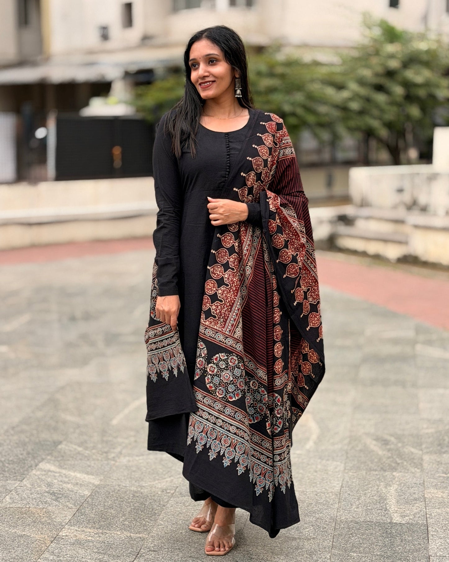 Kaarigai - Black A line Kurta and Ajrakh Handblock Printed Dupatta Set