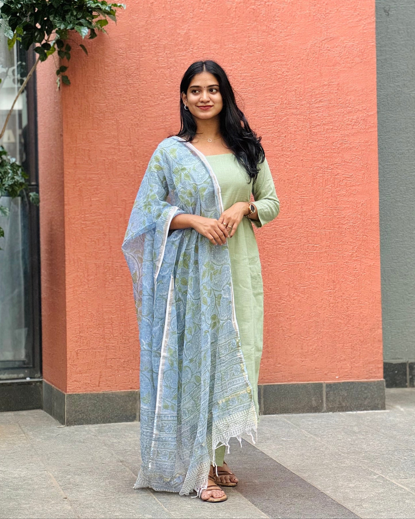 Sindhuja - Slub Cotton Kurta and Sanganeri Handblock Printed Dupatta Set