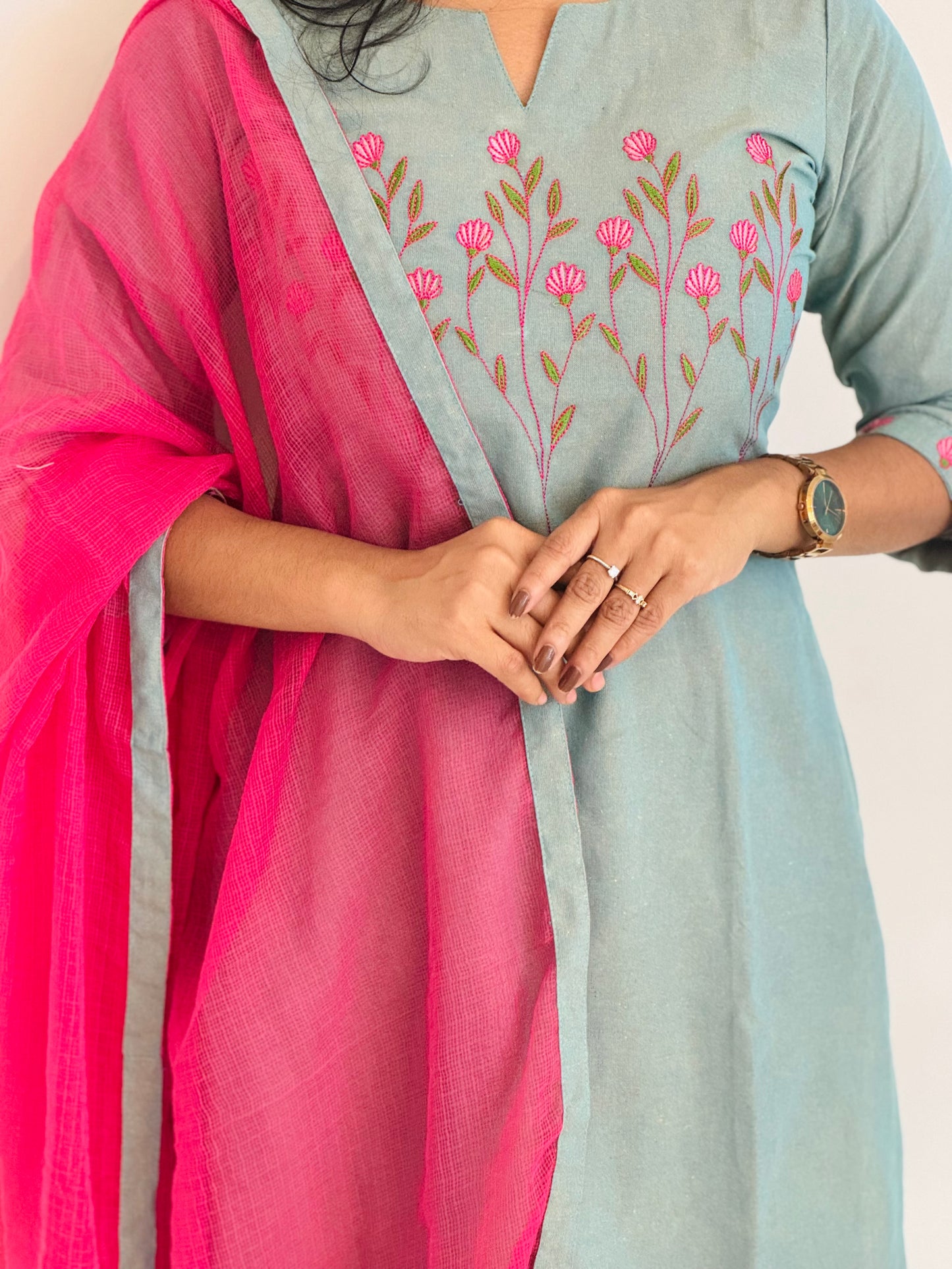 Kamali - Handloom Cotton Embroidered Straight Kurta and Pants Set