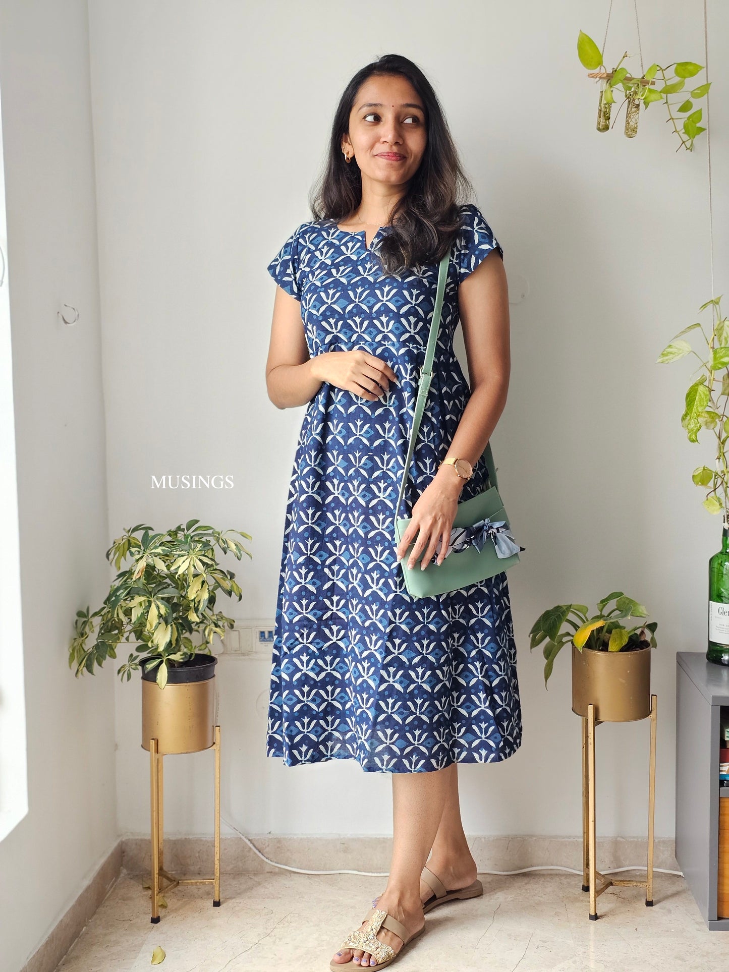 Indigo Chic - Bagru Handblock Printed Midi Dress