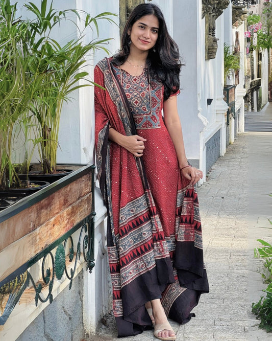 Sonam - Ajrakh Handblock Printed Kurta & Dupatta Set