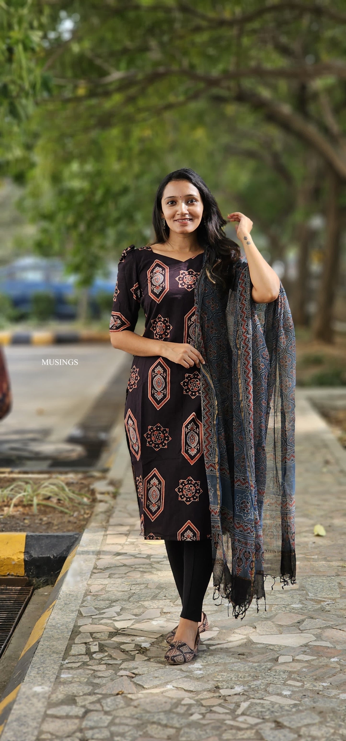 Mandakini - Ajrakh Handblock Printed Kurta & Dupata set