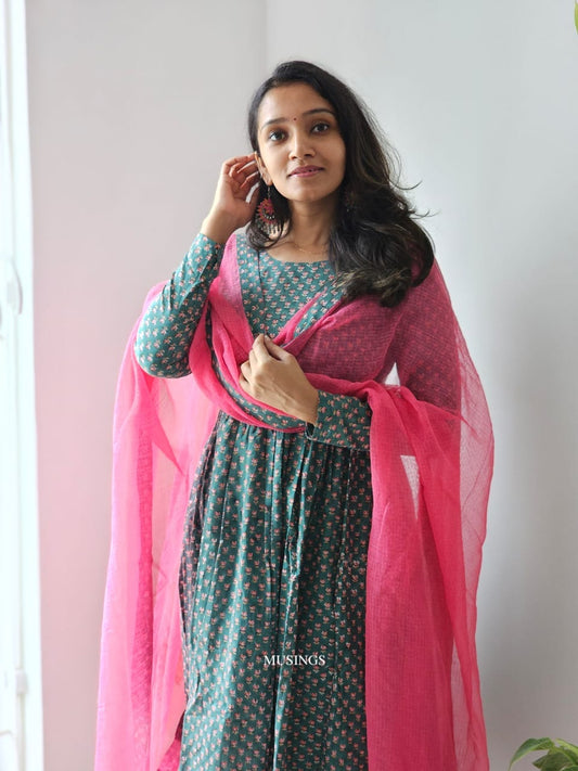 Ameira - Block Print Anarkali Kurta with Kota Dupatta