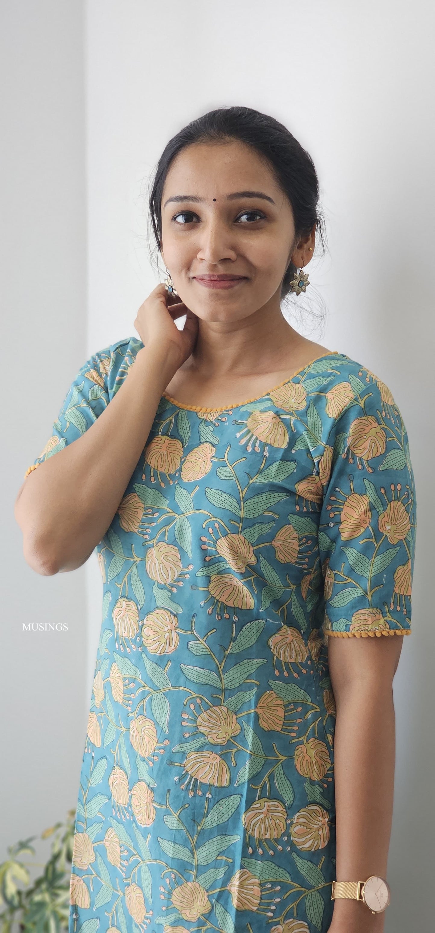 Aqua Blossom - Sanganeri Handblock Printed Mul cotton Kurta