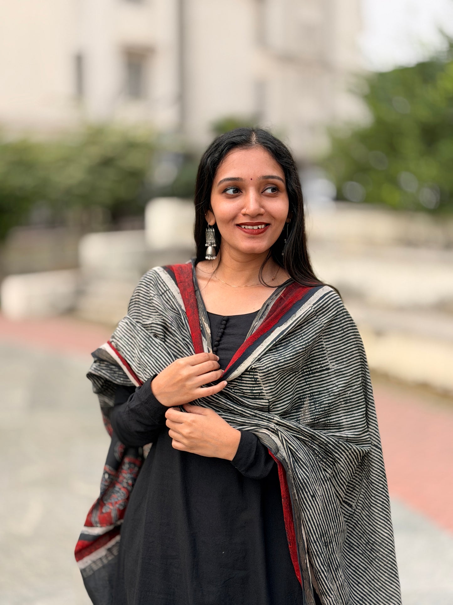 Thira - Black A line Kurta and Ajrakh Handblock Printed Barmer Dupatta Set