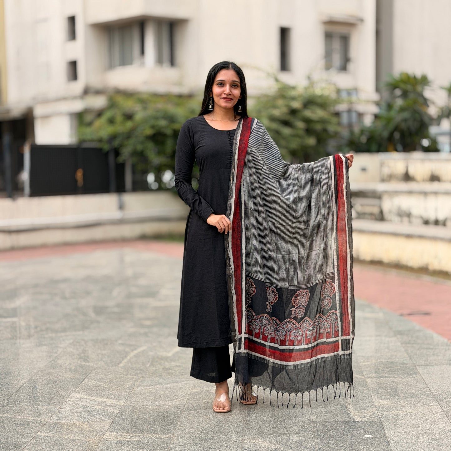 Thira - Black A line Kurta and Ajrakh Handblock Printed Barmer Dupatta Set