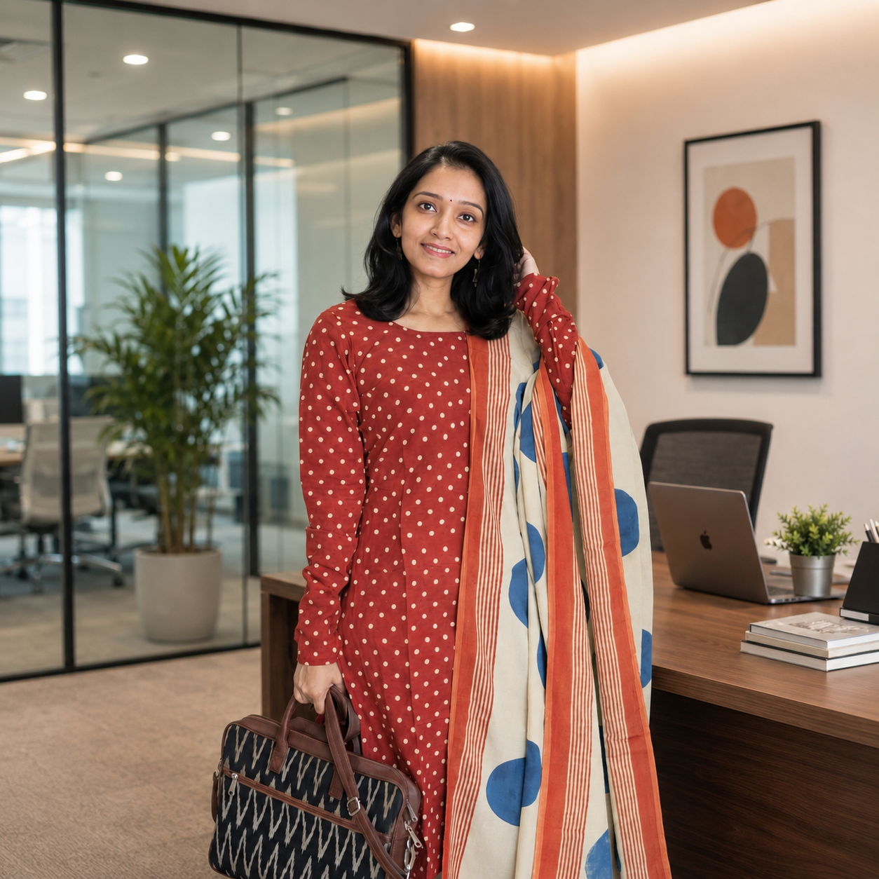 Indira - Polka Dots Ajrakh Handblock Printed Kurta