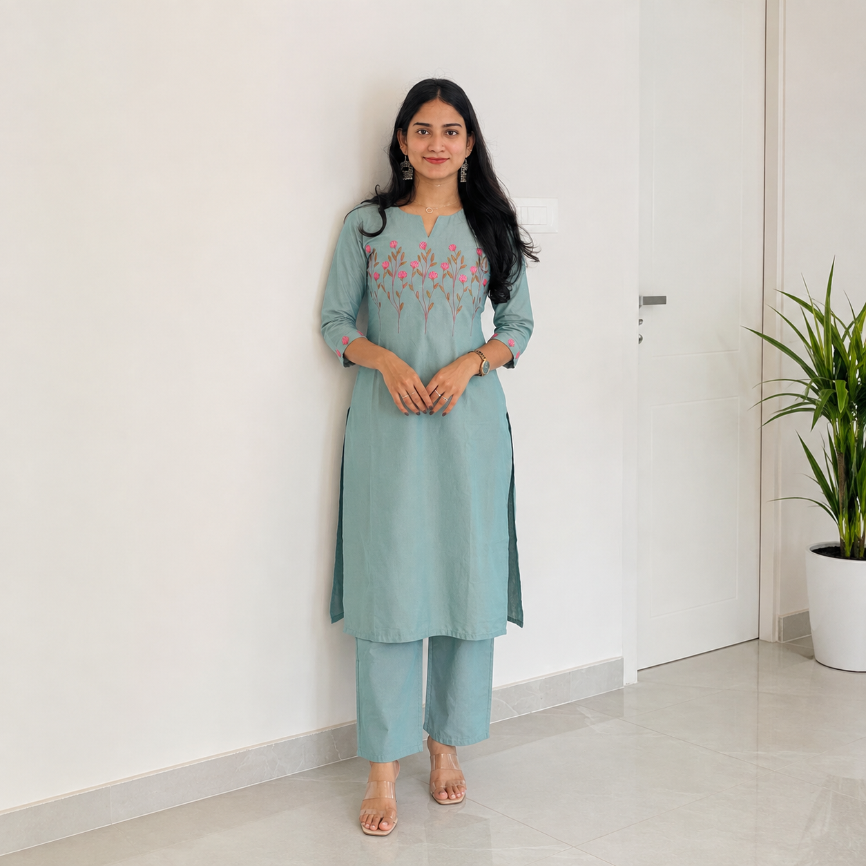 Kamali - Handloom Cotton Embroidered Straight Kurta and Pants Set
