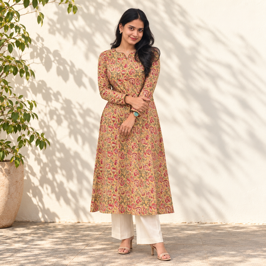 Kabini - Kalamkari Natural Dyed Handblock Printed A-Line Kurta