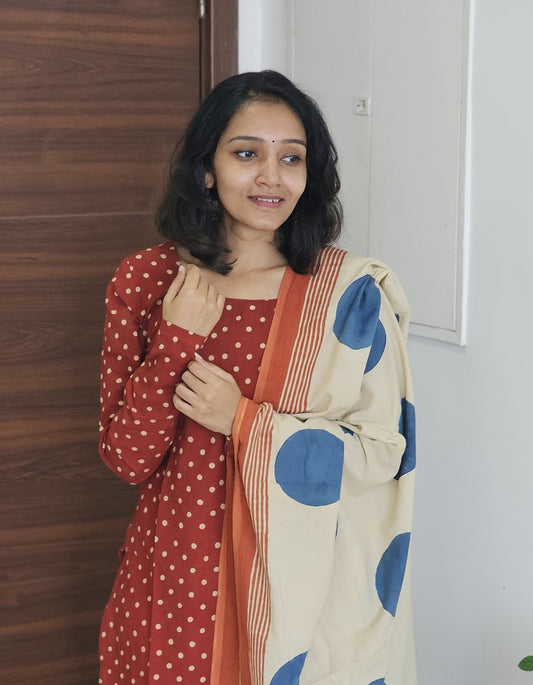 Indira - Polka Dots Ajrakh Handblock Printed Kurta with Ajrakh Dupatta set