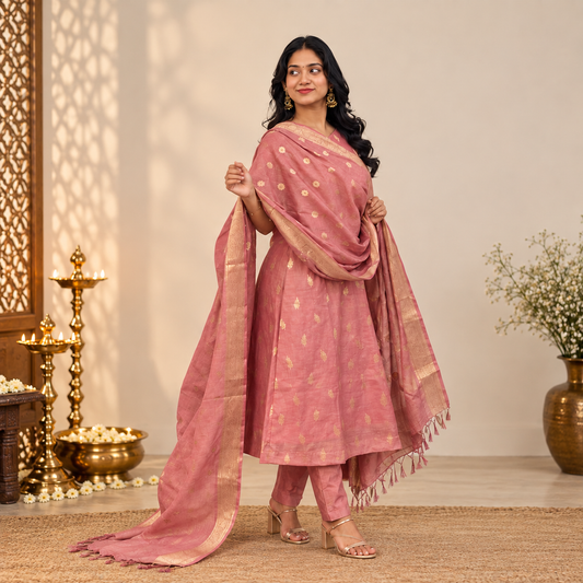Raaga - Peach Pink Semi Banarasi Silk Suit