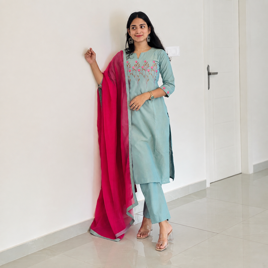 Kamali - Handloom Cotton Embroidered Straight Kurta and Kota Dupatta Set