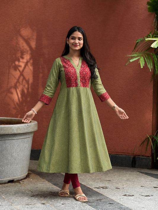 Radhika - Handloom Cotton x Ajrakh Fusion A line Kurta