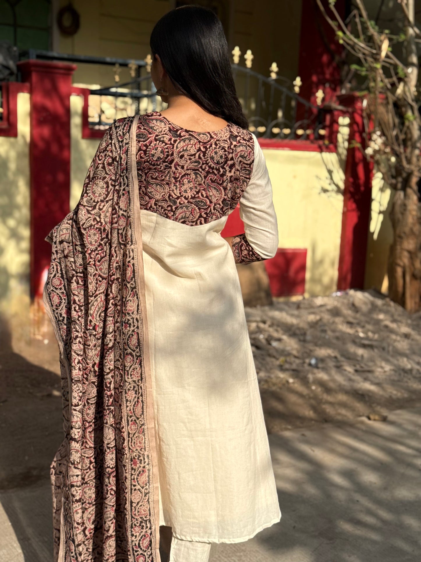 Vaayu - Handloom X Kalamkari Fusion A-line Kurta & Dupatta Set