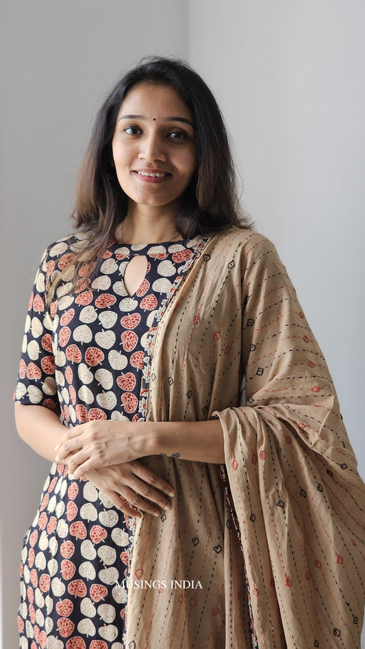 Dharvi - Ajrakh Patchwork Kantha Stitched Kurta Set