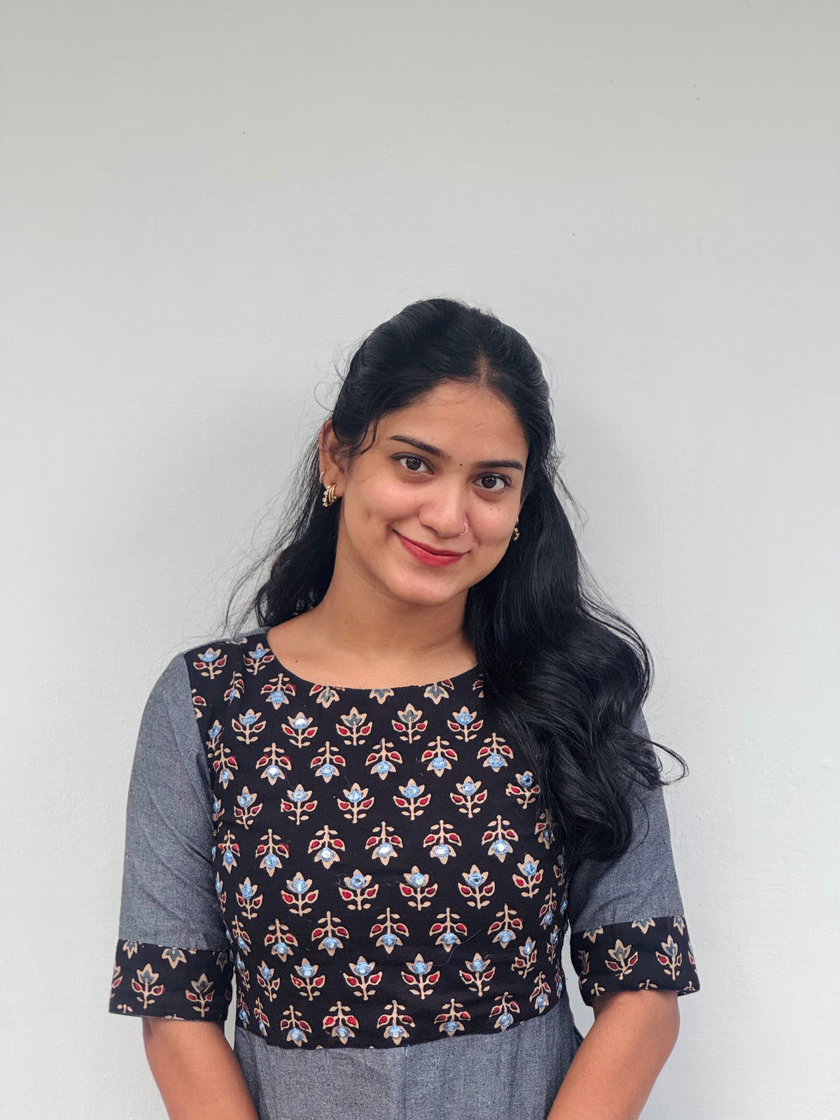 Megha - Mirror Embroidered Ajrakh Fusion A line Kurta