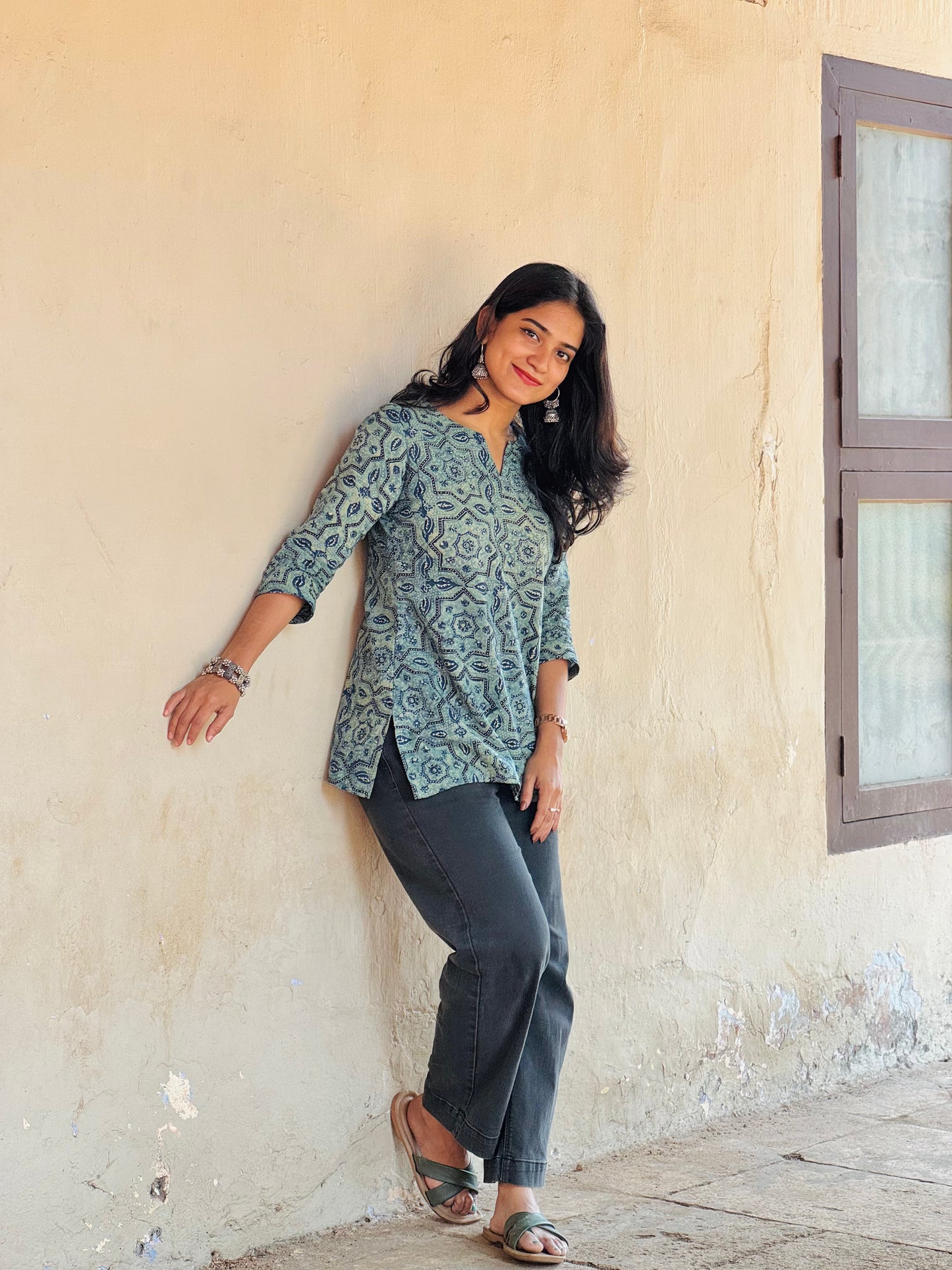 Soma - Teal Barmer Ajrakh Short Kurta