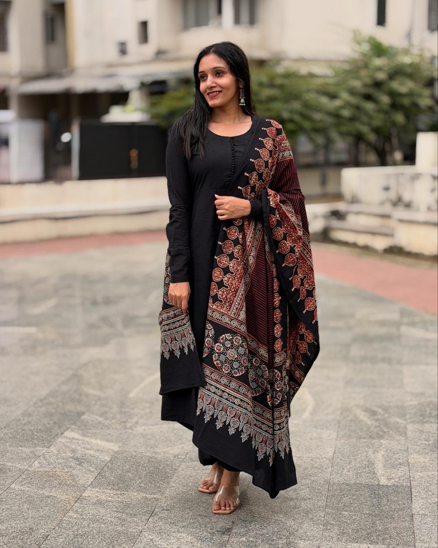 Kaarigai - Black A line Kurta and Ajrakh Handblock Printed Dupatta Set