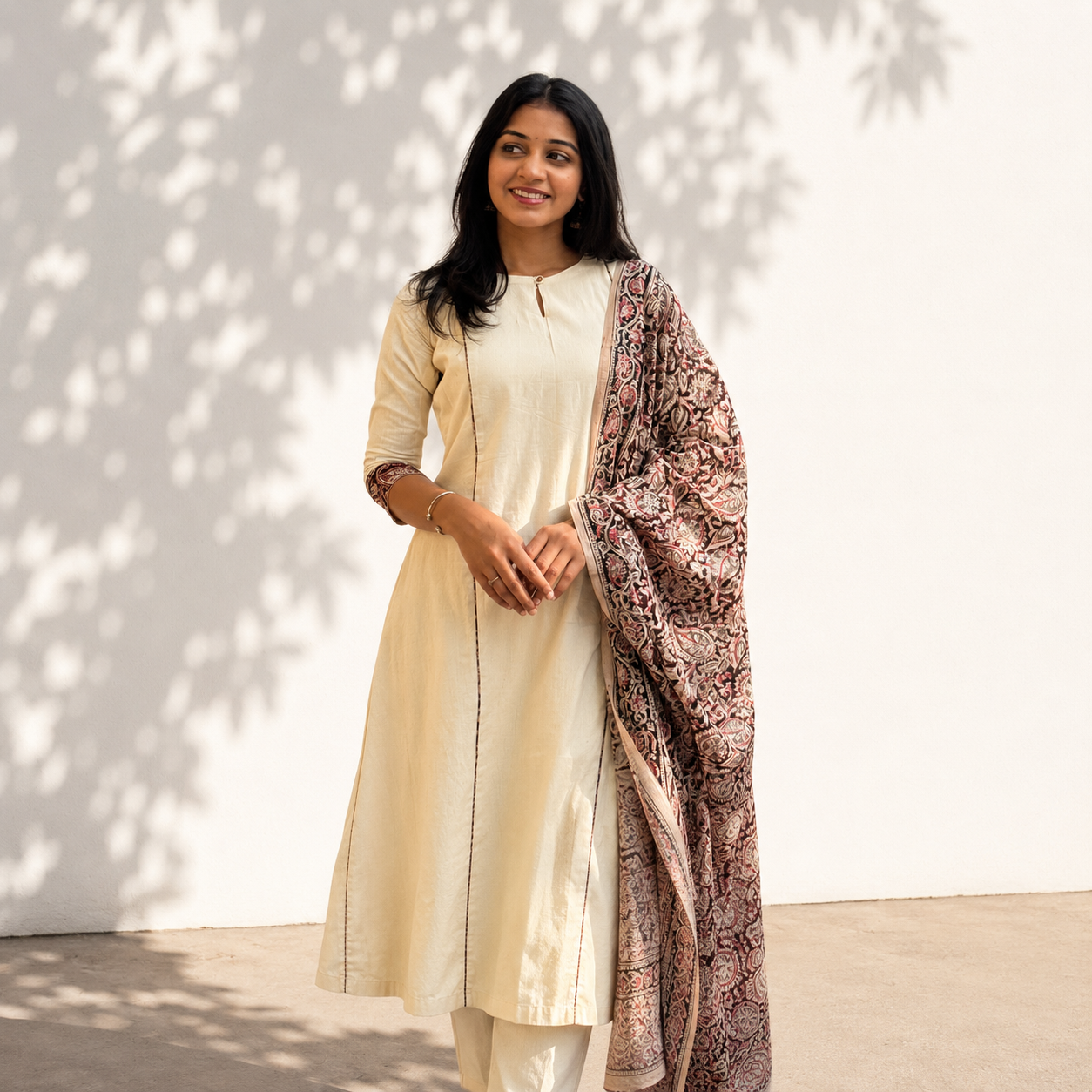 Vaayu - Handloom X Kalamkari Fusion A-line Kurta & Dupatta Set
