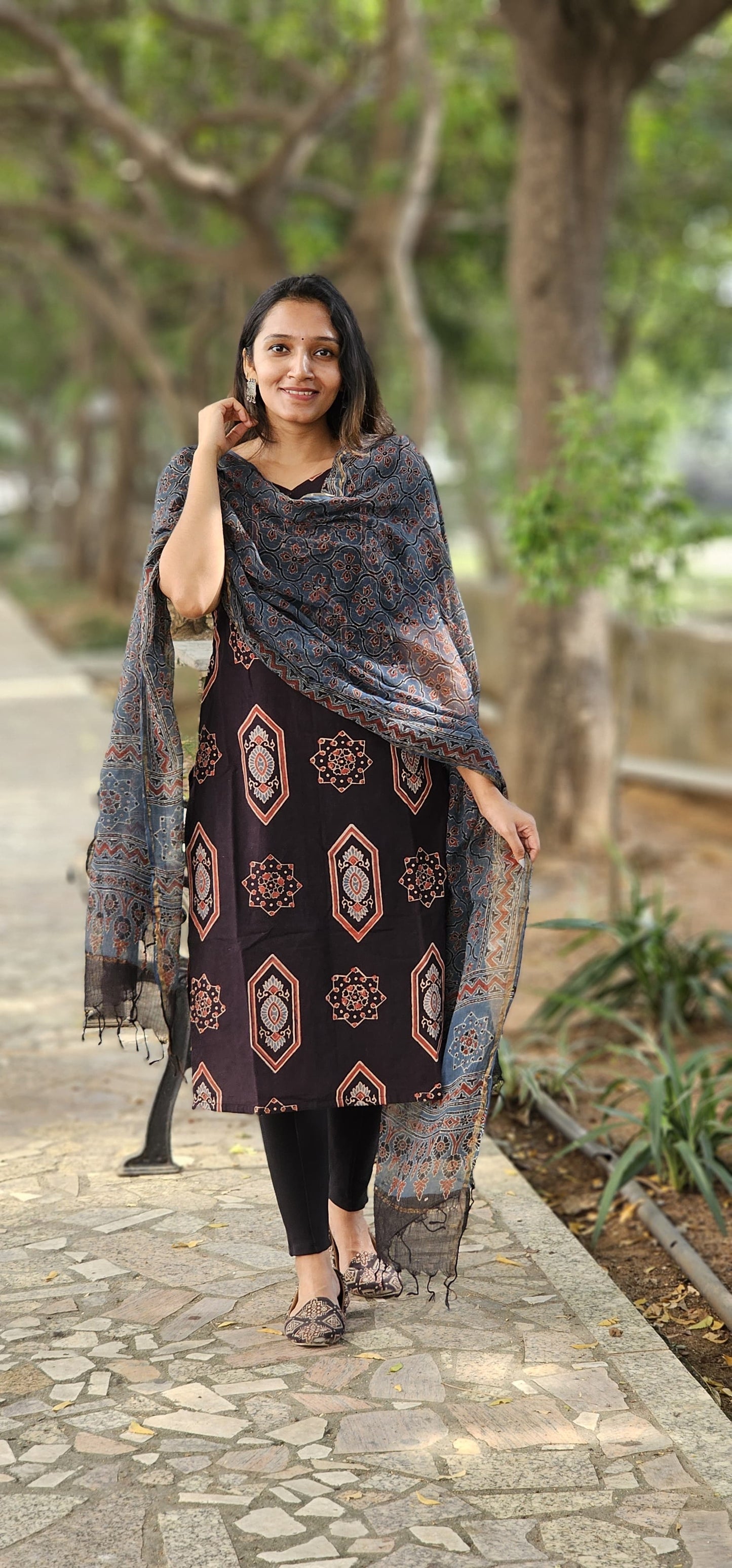 Mandakini - Ajrakh Handblock Printed Kurta & Dupata set